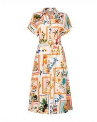 Yumi' - Neutrals Ivory Tropical Postcard Print Relaxed Midi Shirt Dress - Lyst