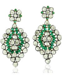 Artisan - 925 Sterling Silver 18k Gold Uncut Diamond Emerald Dangle Earrings Handmade Jewelry - Lyst
