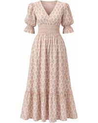 House of Gl - Neutrals Lilienne Hand-Block Printed Smocked Midi Dress - Lyst