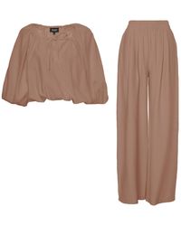 BLUZAT - Camel Linen Matching Set With Flowy Blouse And Wide Leg Trousers - Lyst