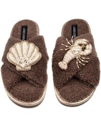 Laines London - Neutrals Laines Neutral Boucle Slippers With Pearl Shell & Lobster Brooches - Lyst