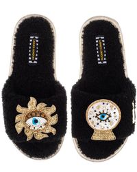 Laines London - Teddy Towelling Slipper Sliders With Double Mystic Eye Brooches - Lyst