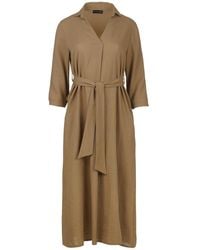 Conquista - Neutrals Linen Style Midi Dress With Belt - Lyst
