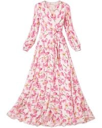 Yumi' - Neutrals Orchid Floral Pleated Wrap Maxi Dress - Lyst