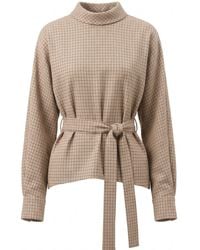 concept A trois - Neutrals High-Neck Plaid Blouse With A Waist Tie - Lyst