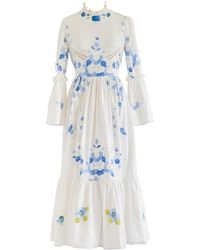 Sugar Cream Vintage - Re-design Upcycled Ruffle Neck Floral Embroidery Maxi Dress - Lyst