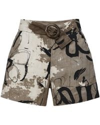 Conquista - Art-Print Linen-Blend Belted Shorts - Lyst