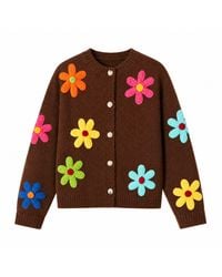 Yumi' - Knitted Flower Applique Cardigan - Lyst