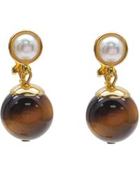Farra - Tiger Eye With Pearl Clip-On Earrings - Lyst
