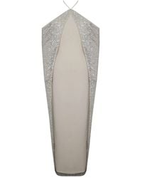 Miss Circle New York - Quimera Almond Beaded Cape Halter Off-Shoulder Maxi Gown - Lyst