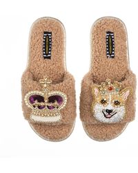 Laines London - Teddy Towelling Slipper Sliders With Sandy The Corgi & Royal Crown Brooches -toffee - Lyst