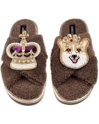 Laines London - Neutrals Laines Neutral Boucle Slippers With Corgi & Crown Brooches - Lyst