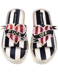 Laines London - Flatform Stripe Open Toe Slippers With & Stripe Fuck Off Heart Brooches - Lyst