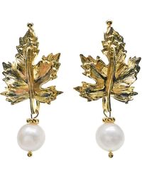 Farra - Gold Maple Leaves With Freshwater Pearls Statement Earrings - Lyst