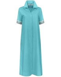 Perlavera - Conty Aqua Satin With Printed Combo Short Sleeve Length Missy Fit Maxi Dress - Lyst