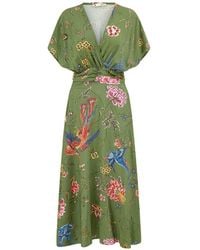 Yumi' - Bird And Floral Print Ruched Waist Kimono Midi Dress - Lyst