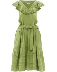 Haris Cotton - V Neck Lace Insert Linen Dress With Frills And Ruffeled Hem Avocado - Lyst