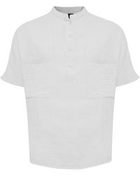 Monique Store - Linen Mandarin Neck Half Button, Two Chest Pockets Shirt - Lyst
