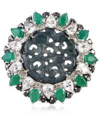 Artisan - Carved Jade & White Sapphire With Emerald Pave Diamond In 18k White Gold And 925 Silver Cocktail Ring - Lyst