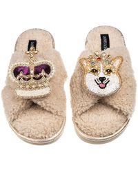 Laines London - Neutrals Laines Neutral Boucle Slippers With Corgi & Crown Brooches - Lyst