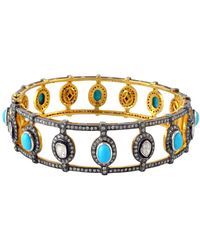 Artisan - 18k Gold 925 Silver & Uncut Diamond With Oval Shape Turquoise Antique Bangle - Lyst