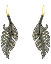 Artisan - Natural Diamond Pave Feather Dangle Earrings In 925 Silver With 18k Yellow Gold - Lyst