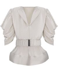 Silvia Serban - V-Neck Pleated Ivory Satin Blouse - Lyst