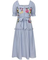 Hope & Ivy - The Tamara Embroidered Puff Sleeve Square Neck Maxi Dress With Waist Tie - Lyst
