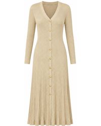 Yumi' - Neutrals Viscose Knitted Midi Ribbed Dress - Lyst