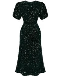 POST MERIDIEM - Emerald Decorated Velvet Puff Sleeve Midi Dress - Lyst