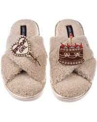 Laines London - Neutrals Neutral Boucle Slippers With Birthday Girl Balloon & Chocolate Cake Brooches - Lyst