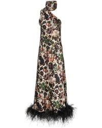 Vasiliki Atelier - Liya Asymmetric Silk Maxi Dress With Faux Feather Boa - Lyst