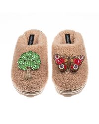 Laines London - Neutrals Teddy Closed Toe Slippers With Butterfly & Oak Tree Brooches - Lyst