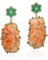 Artisan - Carved Flower Coral & Blue Sapphire With Emerald Prong Diamond In 18k Gold Dangle Earrings - Lyst