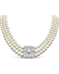 Pearls of the Orient Online - Stella Triple Strand Almost Round Cultured Freshwater Pearl Necklace With Vintage Style Pave Feature With Pearls - Lyst