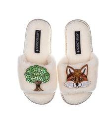 Laines London - Teddy Toweling Slipper Sliders With Oak Tree & Fox Brooches - Lyst