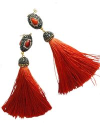 Farra - Coral Rhinestone Tassel Earrings - Lyst
