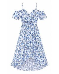 Yumi' - Floral Print Bardot Midi Dress With Dip Hem - Lyst