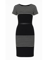 Conquista - Fitted Lightweight Lined Midi Dress With Stripes & Faux Leather Detail - Lyst