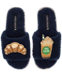 Laines London - Teddy Toweling Slipper Sliders With Iced Coffee & Croissant Brooches - Lyst