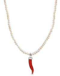 Unaloe - Baroque Pearl Necklace With Coral Cornicello - Lyst