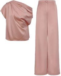BLUZAT - Neutrals Bronze Set With Asymmetrical Draped Top And Wide Leg Trousers - Lyst