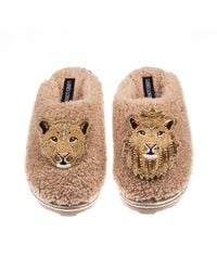 Laines London - Neutrals Teddy Closed Toe Slippers With Lion & Lioness Brooches - Lyst