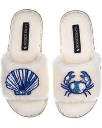 Laines London - Teddy Toweling Slipper Slider With Mediterranean Shell & Crab Brooches - Lyst