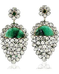 Artisan - 18k Yellow Gold 925 Sterling Silver Uncut Diamond Carving Emerald Dangle Earrings Jewelry - Lyst