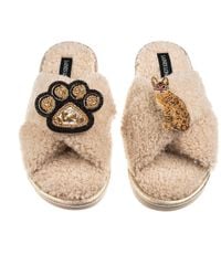 Laines London - Neutrals Boucle Slippers With Paw & Bengal Cat Brooches - Lyst