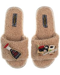 Laines London - Neutrals Teddy Toweling Slipper Sliders With Sushi & Soy Sauce Brooches - Lyst