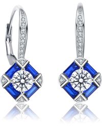 Genevive Jewelry - Sterling Silver With White Gold Plated & Sapphire Cubic Zirconia Leverback Earrings - Lyst