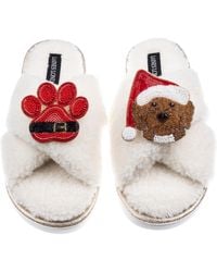 Laines London - Neutrals Laines Boucle Slippers With Christmas Cockapoo & Paw Brooches - Lyst