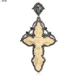Artisan - Natural Diamond & Emerald With Carved Mammoth Cross Jesus Simulated In 18k Gold And 925 Silver Pendant - Lyst